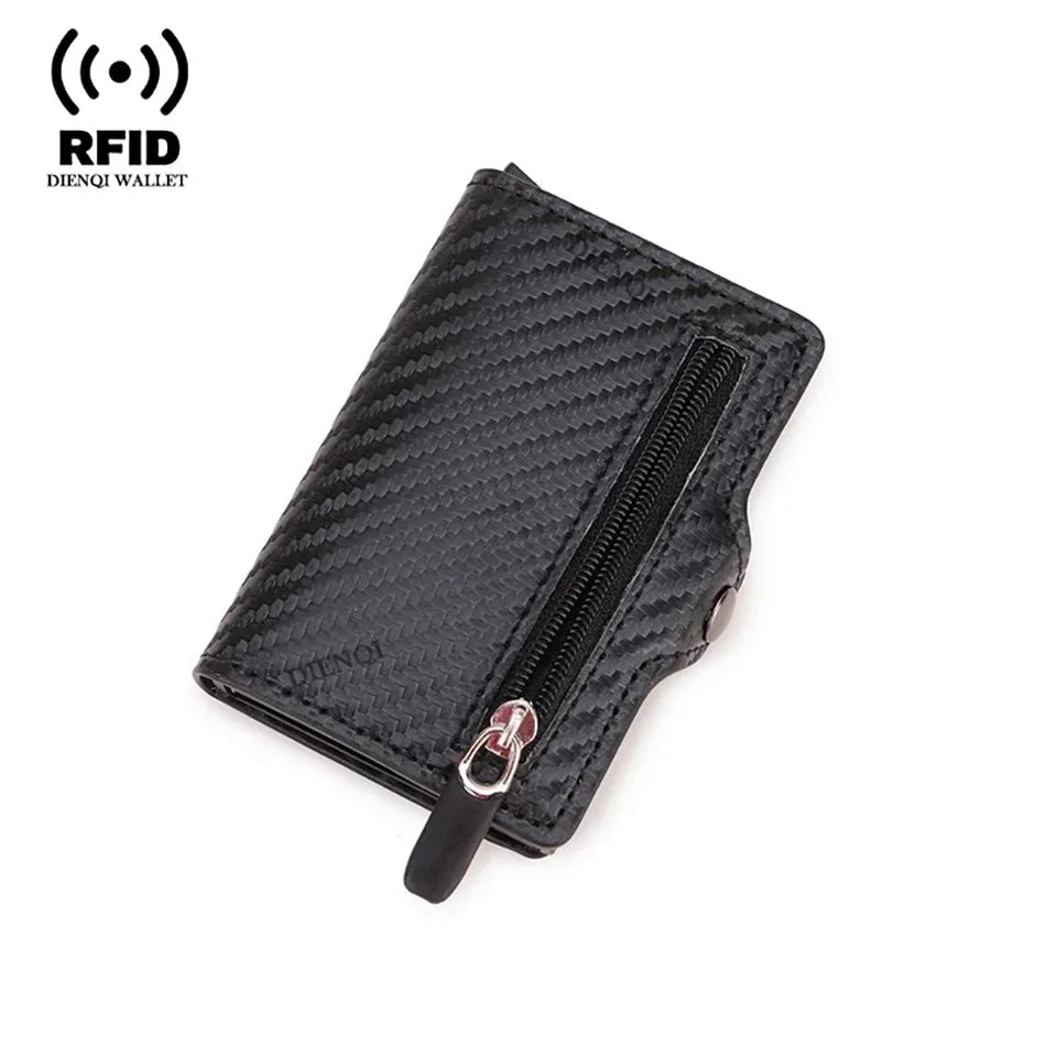 A black slim wallet with a textured carbon fiber pattern and a zippered compartment.