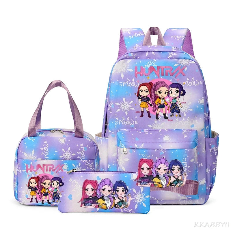 A purple multi-compartment backpack set featuring a main bag and a separate pouch with colorful character designs.