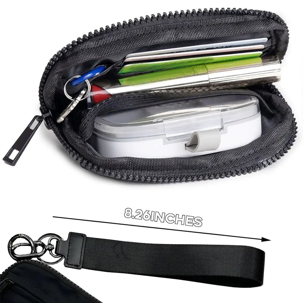 Black multi-functional zipper coin purse wallet with a clear plastic compartment and a metal key.