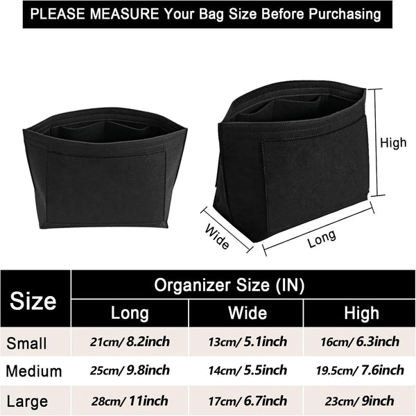 Black felt organizer insert for handbags with size options Small Medium and Large
