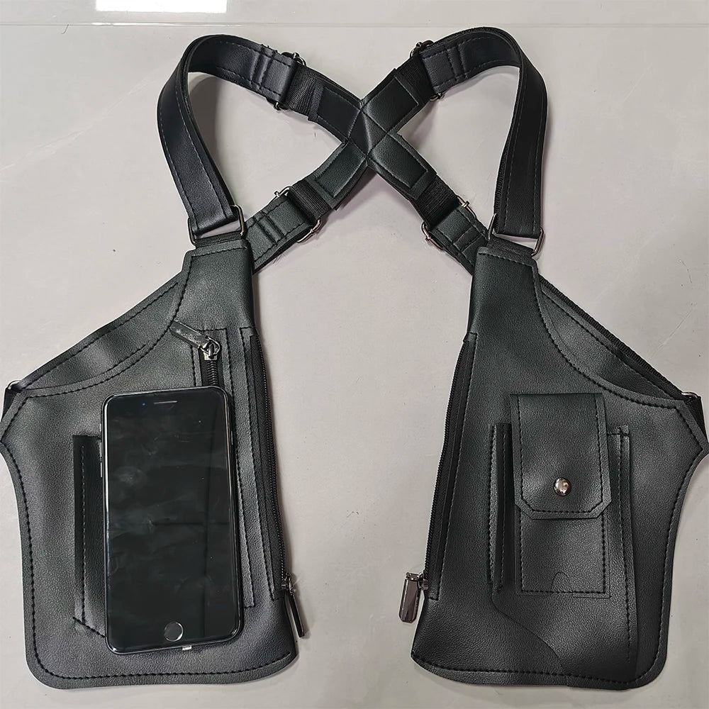 Black concealed underarm travel wallet with a dedicated phone pocket.
