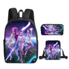 A black backpack featuring anime characters in a vibrant purple and green fantasy style.