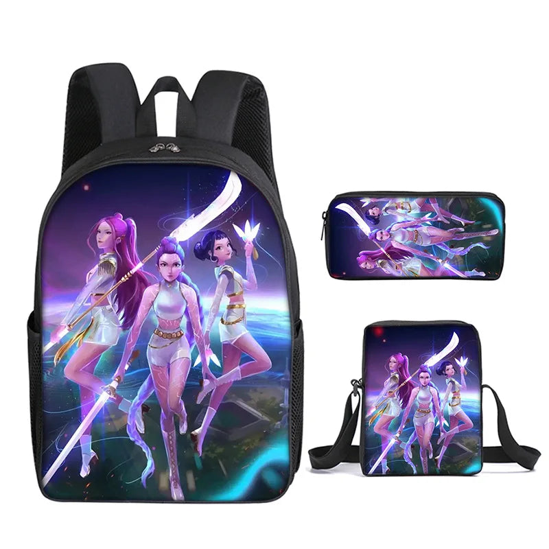 A black backpack featuring anime characters in a vibrant purple and green fantasy style.