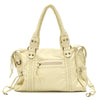 Beige Vintage PU-Leder-Tasche mit hellem Nähen und Reißverschlusstaschen.