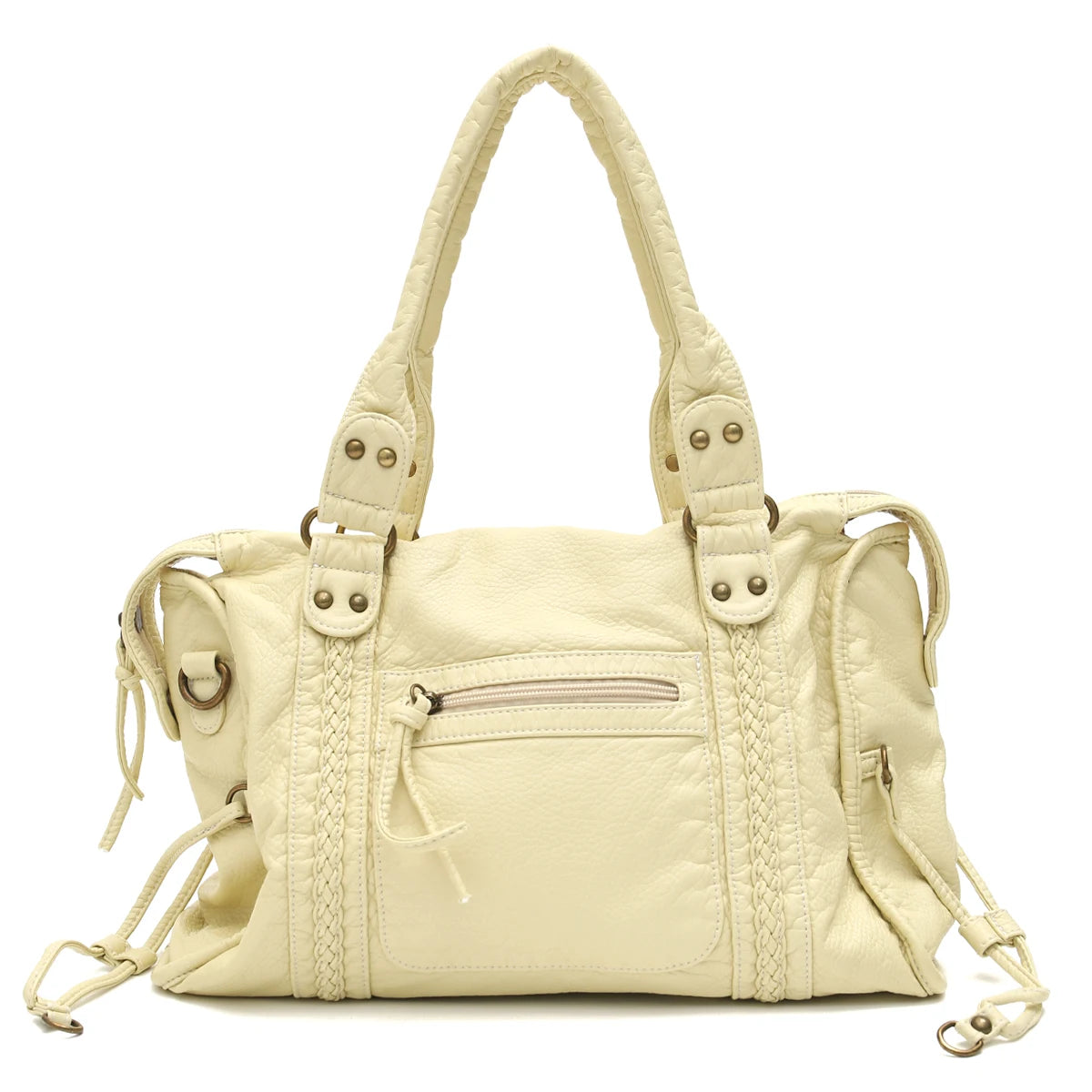 Beige Vintage PU-Leder-Tasche mit hellem Nähen und Reißverschlusstaschen.