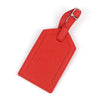 A red PU leather luggage tag with a silver clasp attached to a leather strap.