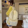 A woman is holding a light yellow polka dot nylon travel backpack with a laptop compartment.