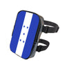 A black adjustable PU waist pouch featuring a blue and white striped design with three blue stars.
