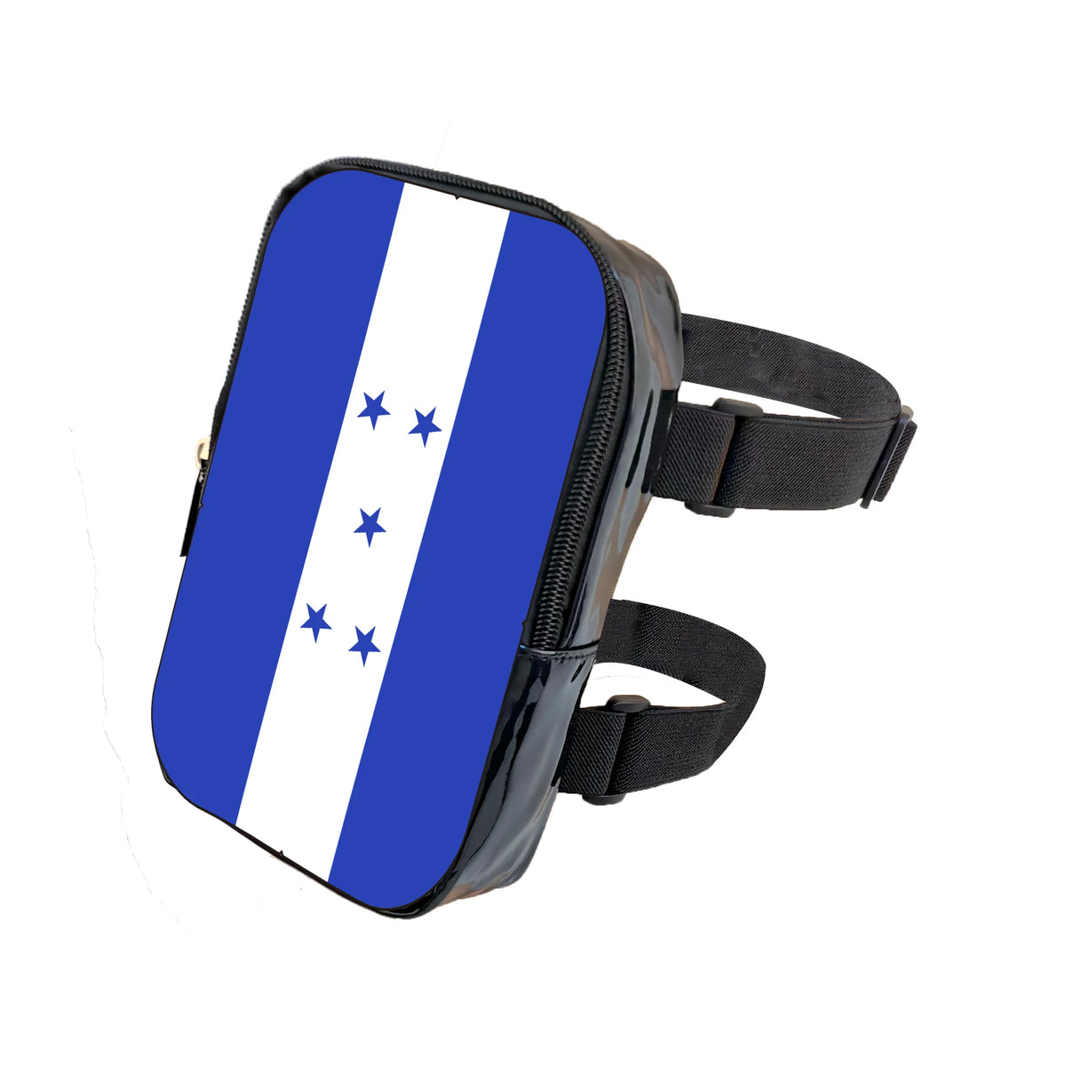 A black adjustable PU waist pouch featuring a blue and white striped design with three blue stars.