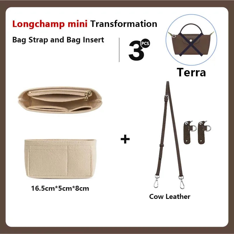 Longchamp mini transformation showing a brown bag strap and bag insert with a Terra color option and Cow Leather detail