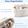 A beige tote bag showing multiple pockets including front zippered pockets, side accessory pockets, slip pockets, a large mai