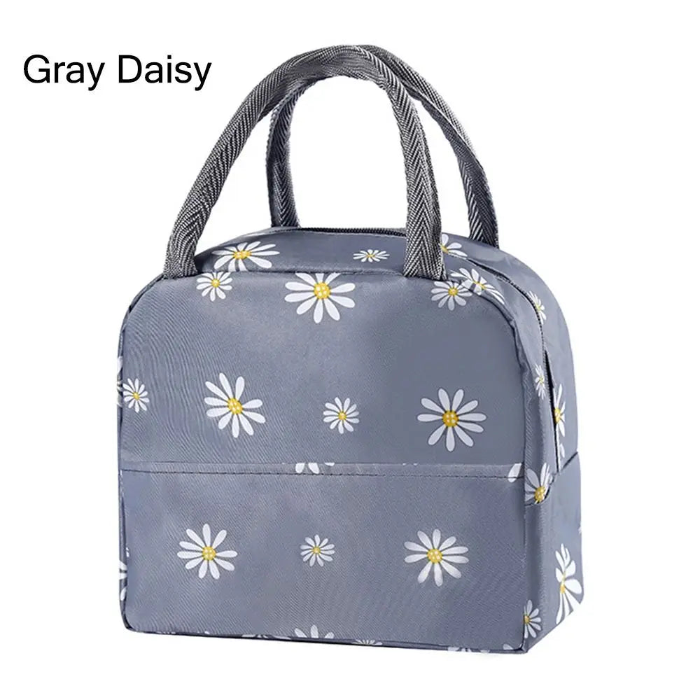 Sac à lunch en tissu Oxford réutilisable à motif marguerite gris.