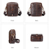 A brown genuine cow leather crossbody bag shown from the front, back, side, and bottom views.