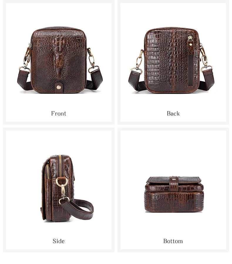 A brown genuine cow leather crossbody bag shown from the front, back, side, and bottom views.