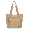 A beige canvas tote bag with tan straps and zippered pockets.