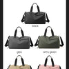 A display showing five colors of a multifunctional dry/wet separation travel backpack: black, grey, army green, khaki, and pi
