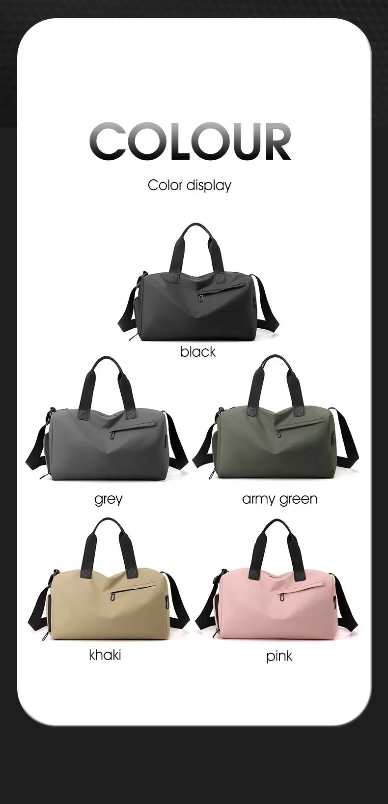 A display showing five colors of a multifunctional dry/wet separation travel backpack: black, grey, army green, khaki, and pi