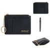 Black leather card holder wallet with a gold chain and coin pocket shown in multiple views.