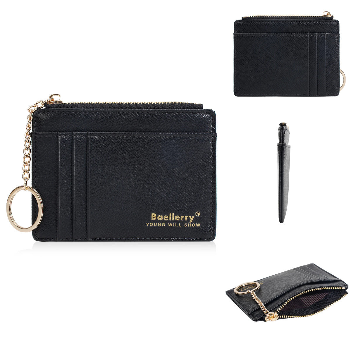 Black leather card holder wallet with a gold chain and coin pocket shown in multiple views.