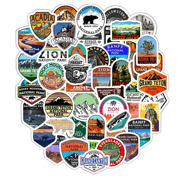 Colección de pegatinas resistentes al agua de parques nacionales y exteriores con paisajes, montañas y escenas naturales.