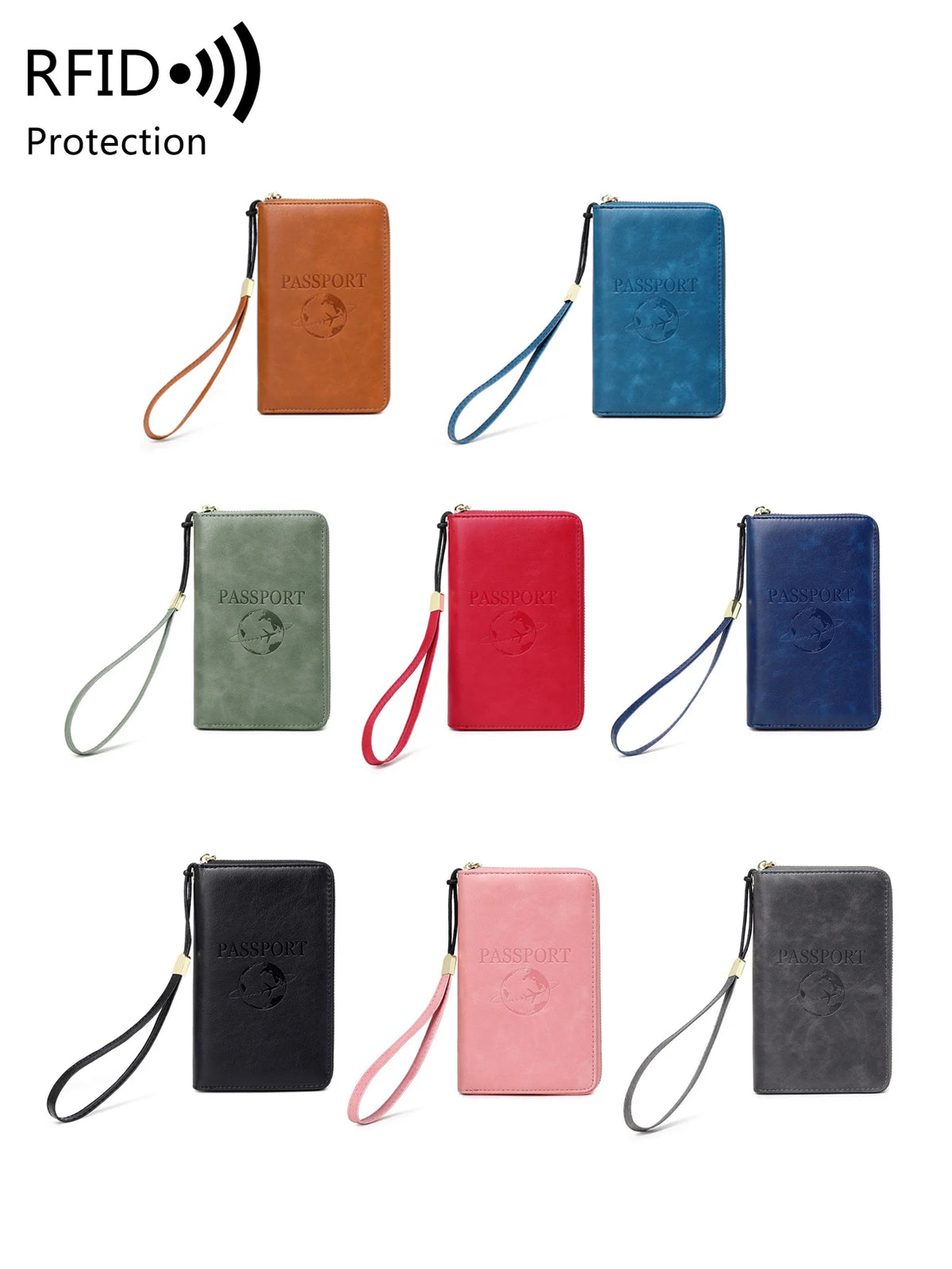 A collection of leather passport holders in various colors including brown, blue, green, red, and black, featuring RFID prote
