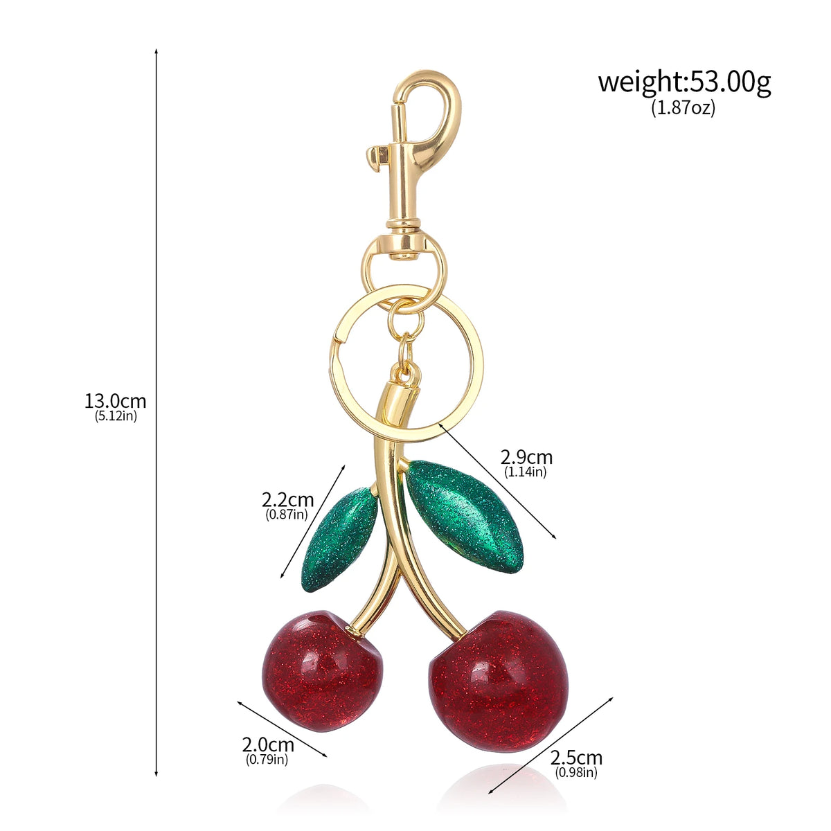 Gold-toned crystal cherry fruit keychain with red and green accents