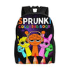 A purple backpack featuring a coloring book design with cartoon characters.