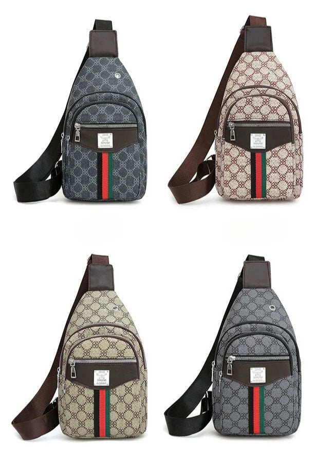 A personalized printed crossbody sling bag for men featuring a gray and olive green pattern with red, black, and green stripe