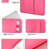 Pink laptop sleeve case shown in side, front, and inside views for universal laptops.
