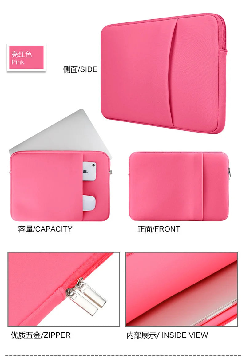 Pink laptop sleeve case shown in side, front, and inside views for universal laptops.