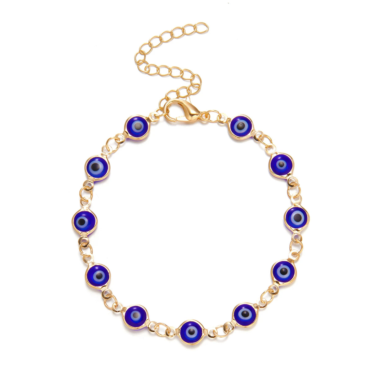 Gold charm bracelet featuring blue evil eye charms on an adjustable chain.