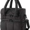 Black quilted insulated lunch bag with carrying handles