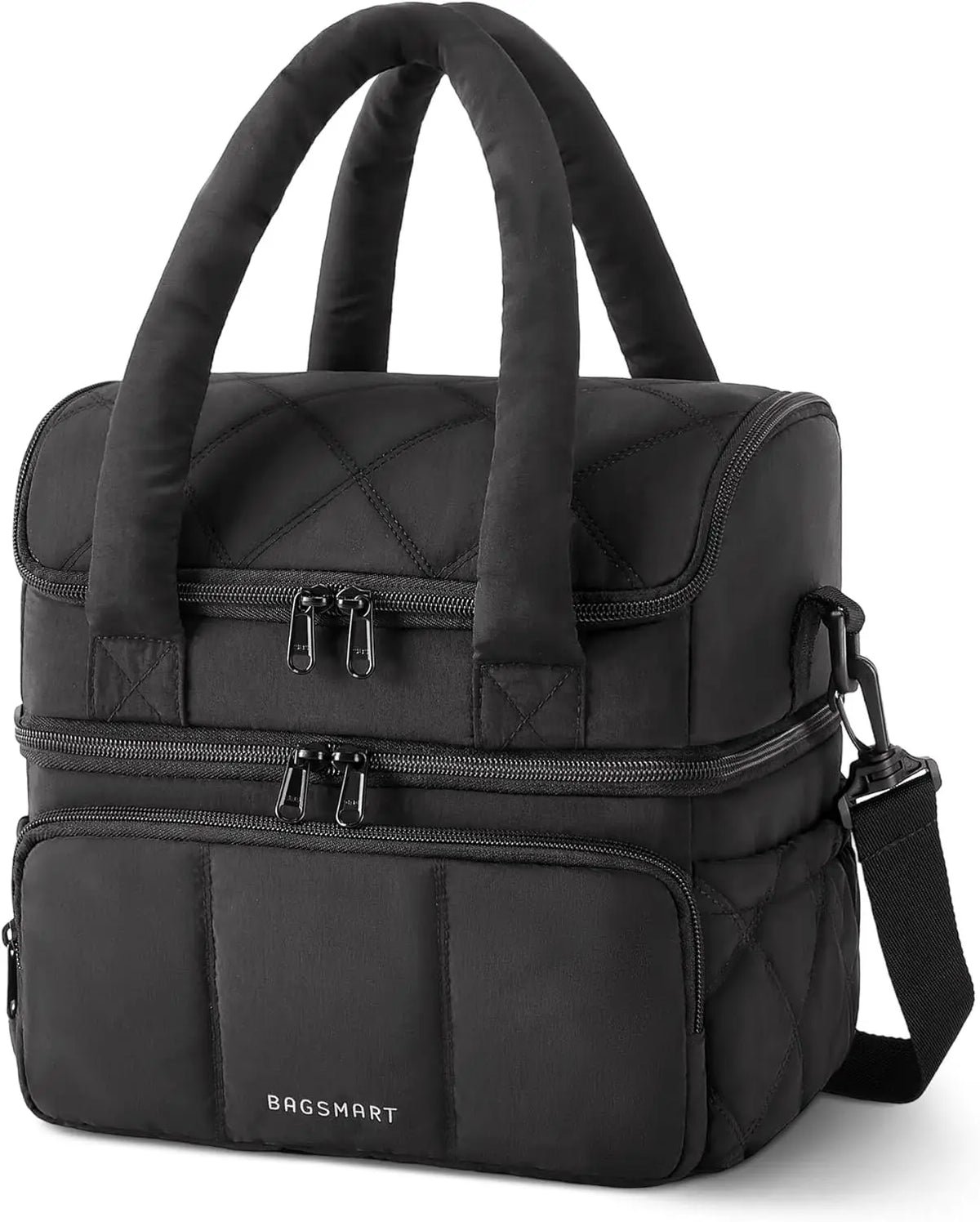 Black quilted insulated lunch bag with carrying handles