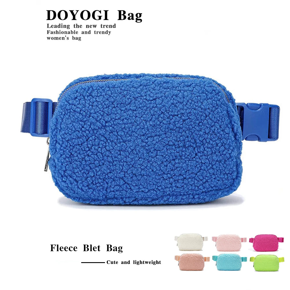A collection of fleece belt bags in various colors including blue, pink, and green.