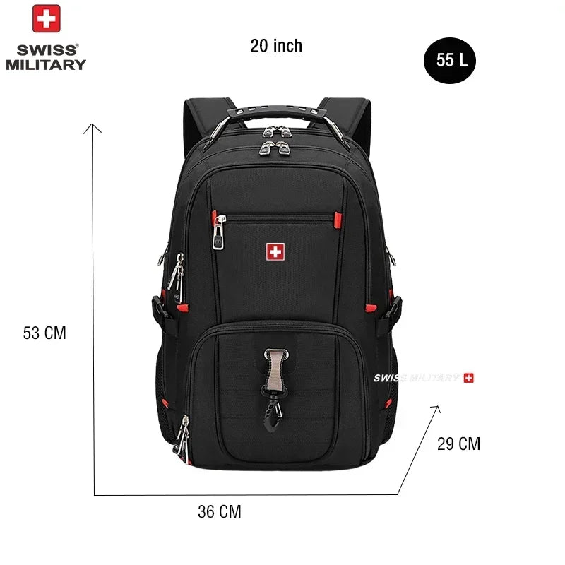 Black Swiss Military style laptop backpack with a red cross emblem and various compartments
