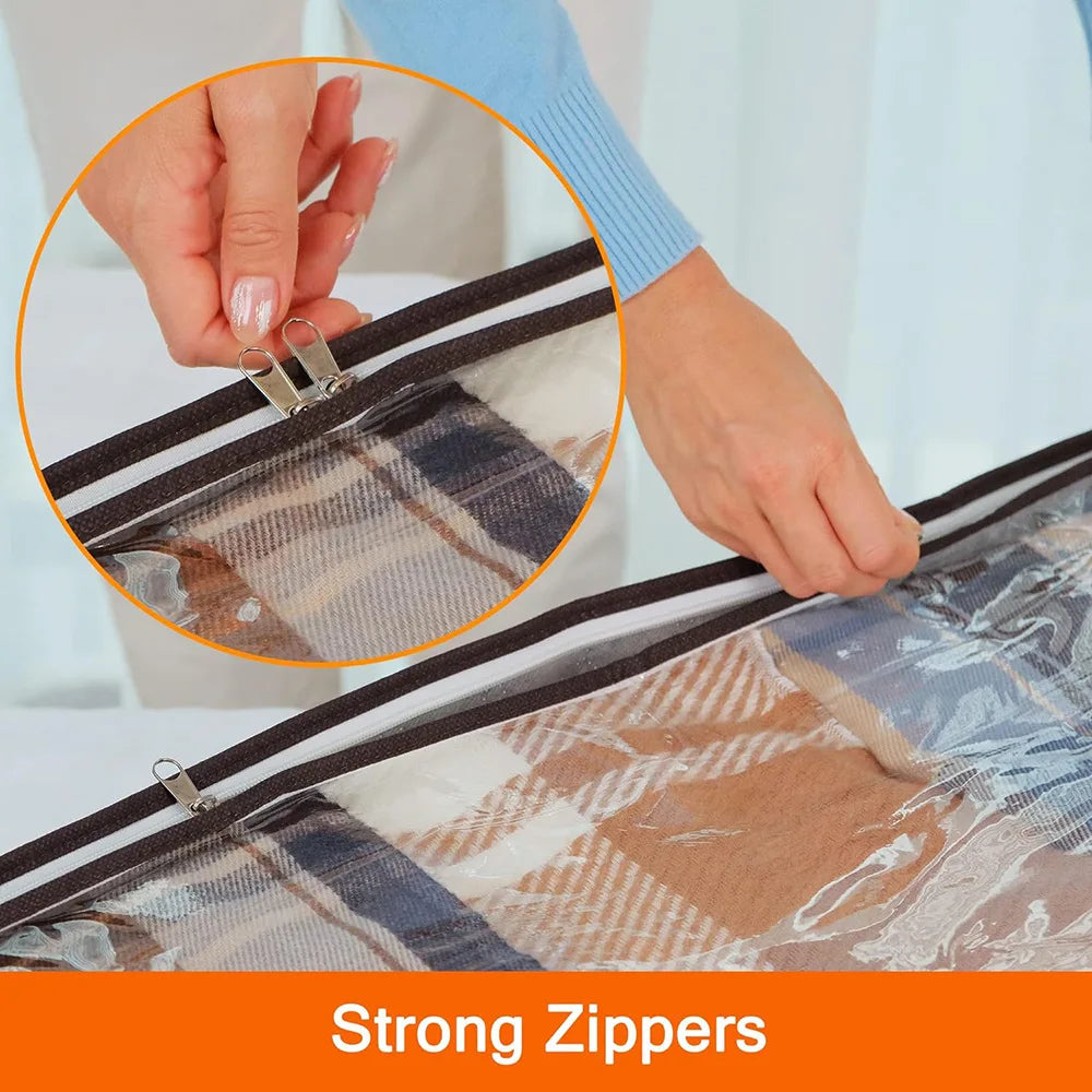 Close-up of strong zippers on a fabric storage bag showing the zipper teeth and stitching.