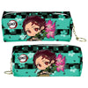 A teal pencil case featuring a Demon Slayer character design with pink flowers and a black and green checkered pattern.