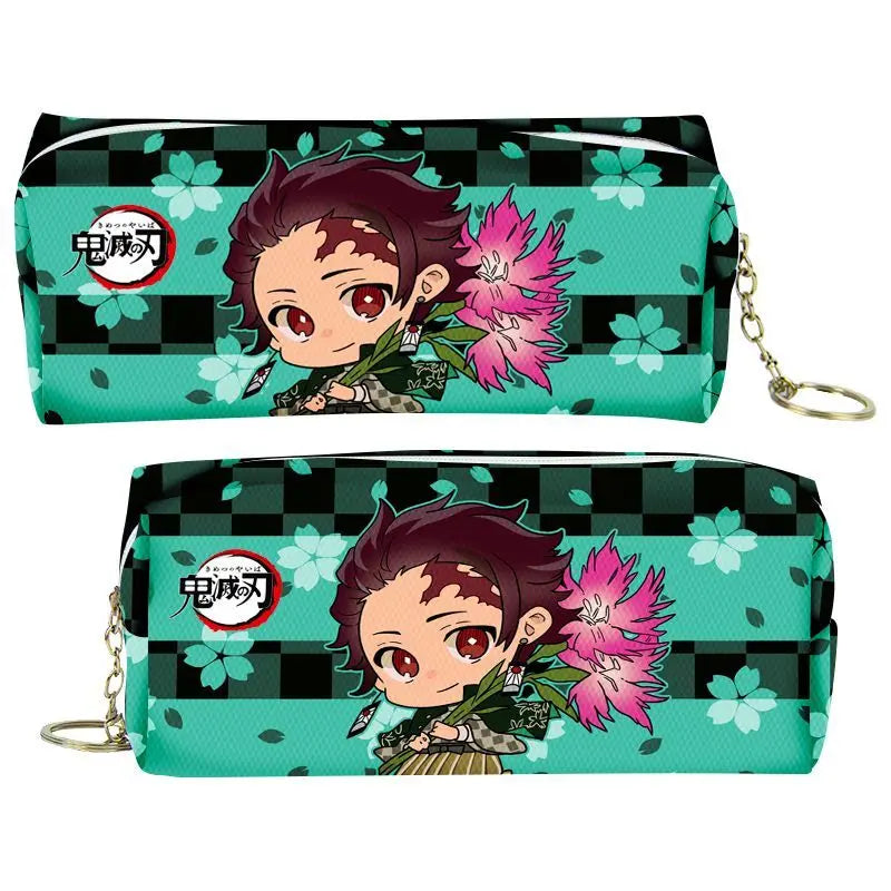 A teal pencil case featuring a Demon Slayer character design with pink flowers and a black and green checkered pattern.