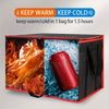A portable insulated bag showing food items being kept warm or cold for 1.5 hours.