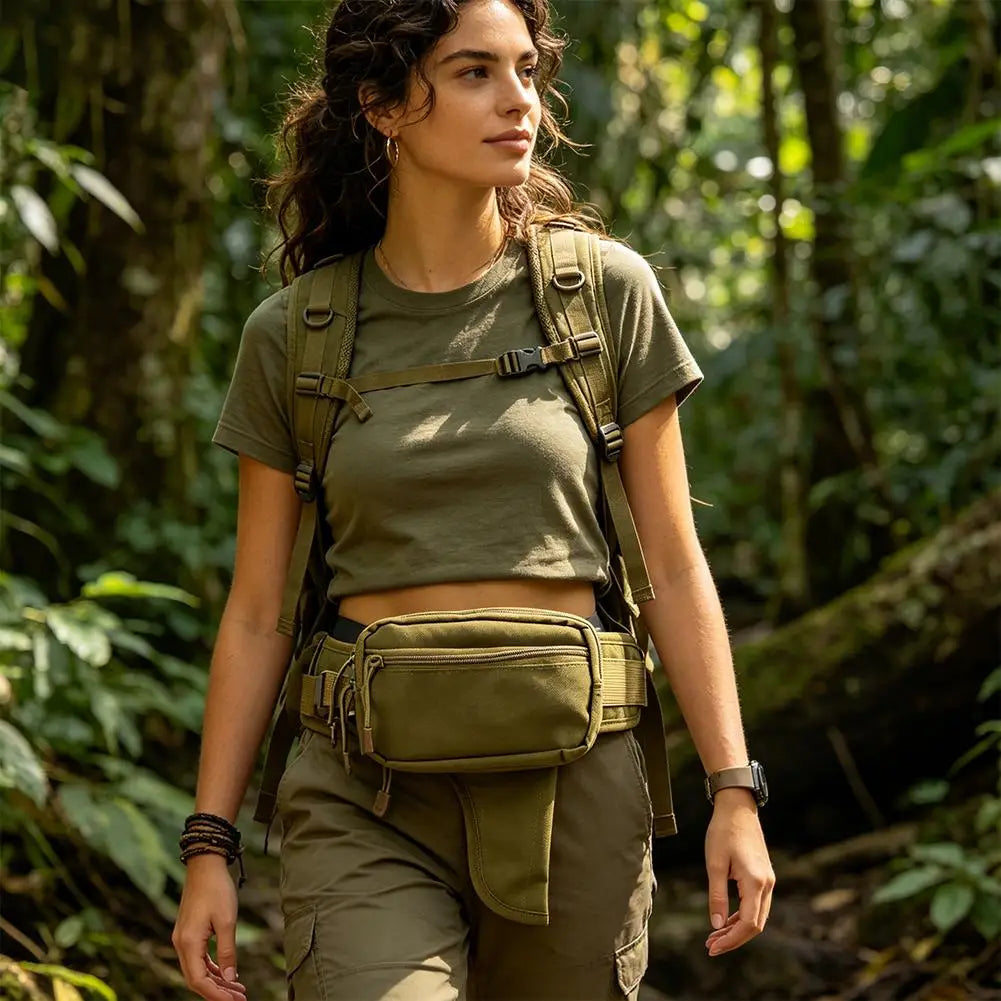 A woman wearing a tactical concealed carry waist pack and olive green shirt walking through a lush forest.
