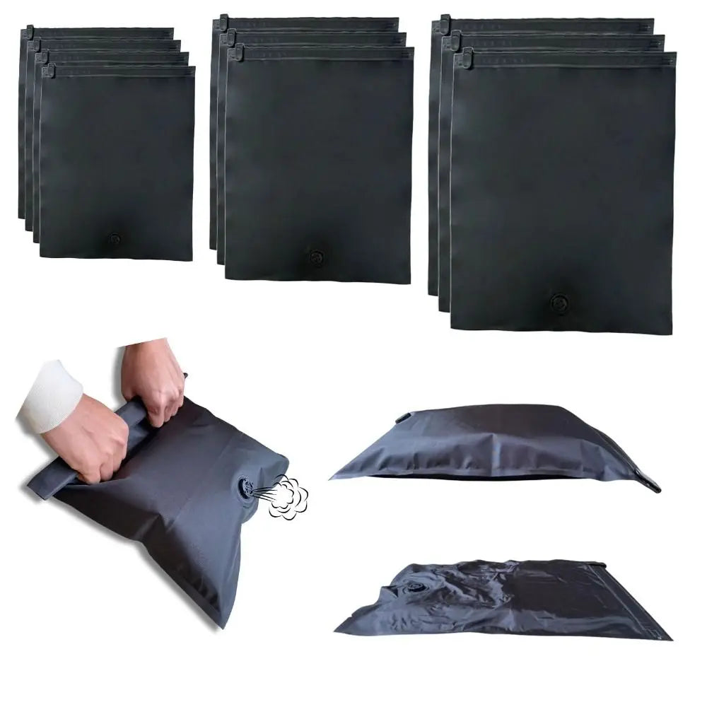 Black reusable vacuum storage bags shown in stacked and individual forms.
