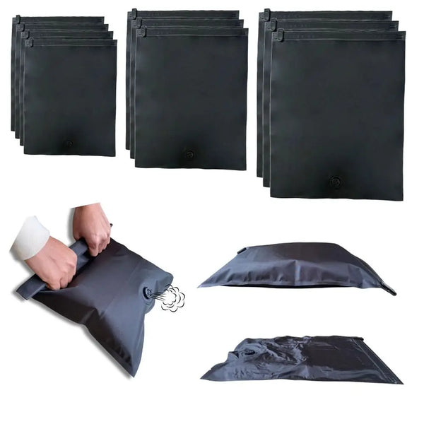 Black reusable vacuum storage bags shown in stacked and individual forms.