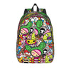 A colorful sport backpack featuring a dense pattern of cartoon characters and doodles.