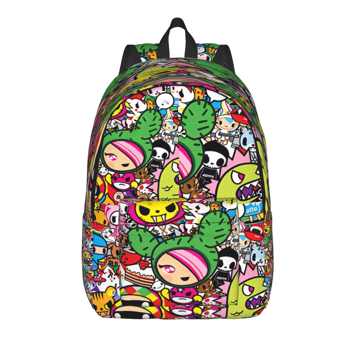A colorful sport backpack featuring a dense pattern of cartoon characters and doodles.