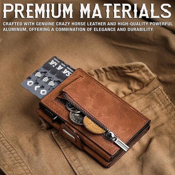 A brown leather card wallet with a silver zipper and metal accents resting on a tan fabric background.