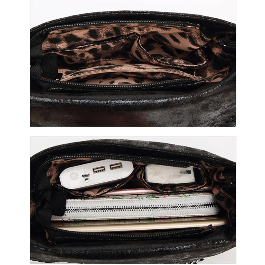 A dark leather crossbody bag is shown open, revealing a patterned lining and a white electronic device.