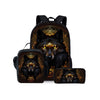 A black wolf cartoon 3-piece backpack set featuring a backpack, lunch bag, and pencil case.