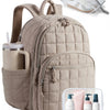 A beige collapsible laptop backpack shown with a water bottle and skincare products.