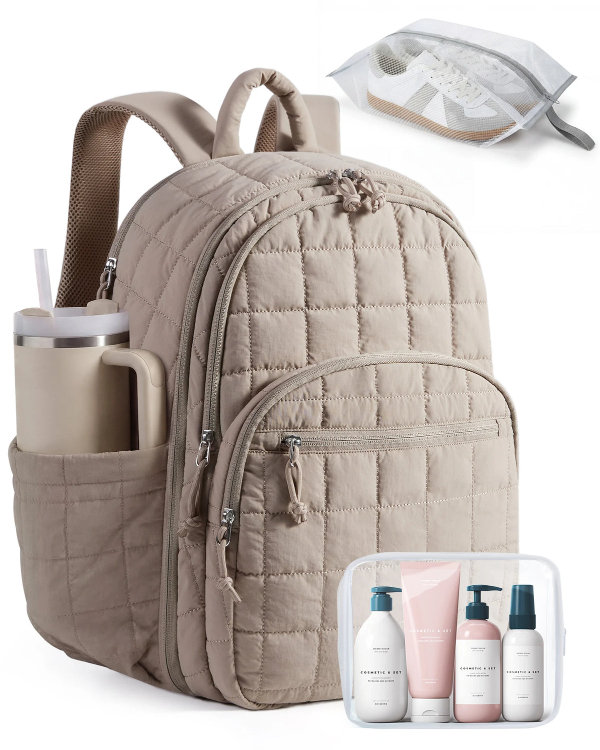 A beige collapsible laptop backpack shown with a water bottle and skincare products.