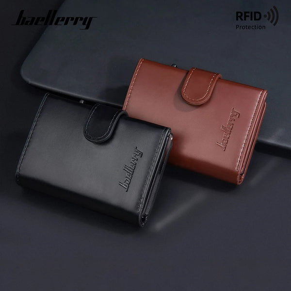 A black leather wallet and a brown leather card holder are displayed on a dark surface.